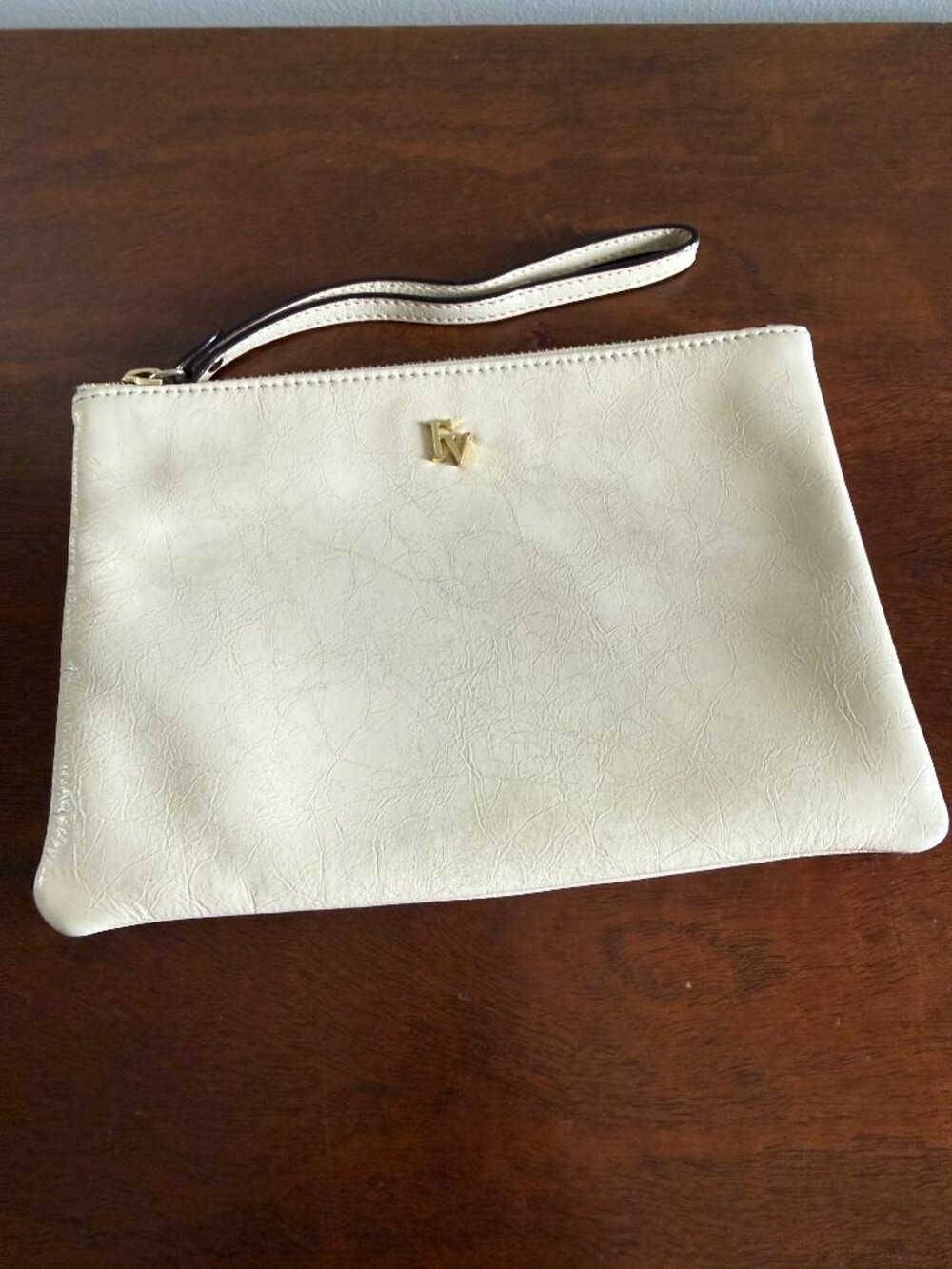 Frances Valentine Leather Wristlet Clutch – Oyster/Cream – Gold-Tone FV Logo